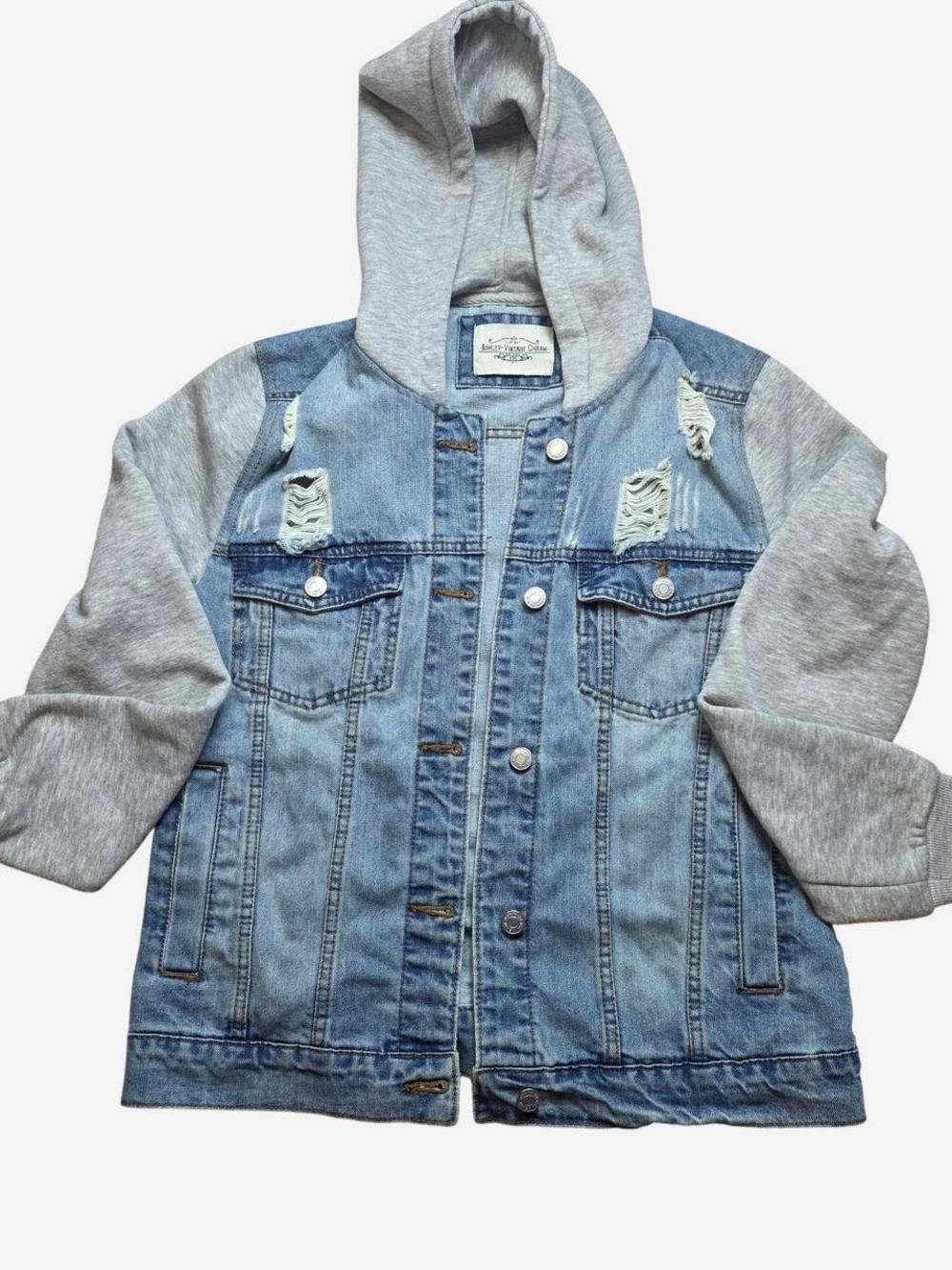Light Blue Denim Jacket with Grey Hoodie - Layered Look